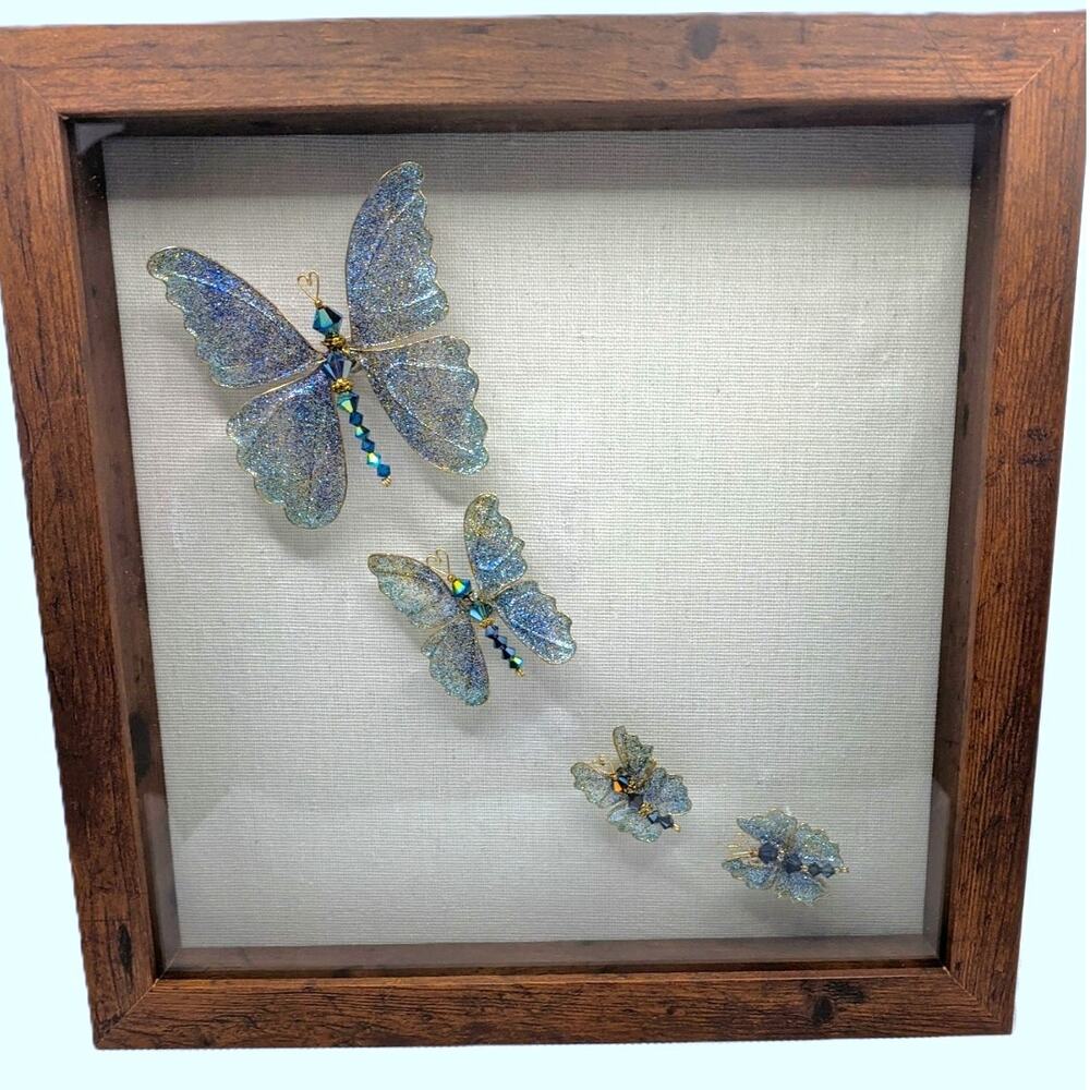 Shadow Box Wall Art Whimsical Butterflies Blue Morpho Framed 10x10 Artisan Made - Picture 7 of 12